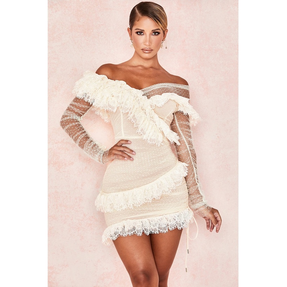 House of CB Sorrel Ivory Lace Frill Mini Dress Polka Dot Mesh Off Shoulder M
